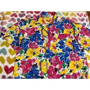 Diane Von Furstenberg Floral Shirt Short Sleeve Button Up Bright Colors Size M